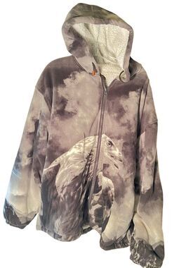 Vintage 1990s Eagle AOP Fleece Heavy Hooded Zip Up Jacket Black Canyon Size 2XL
